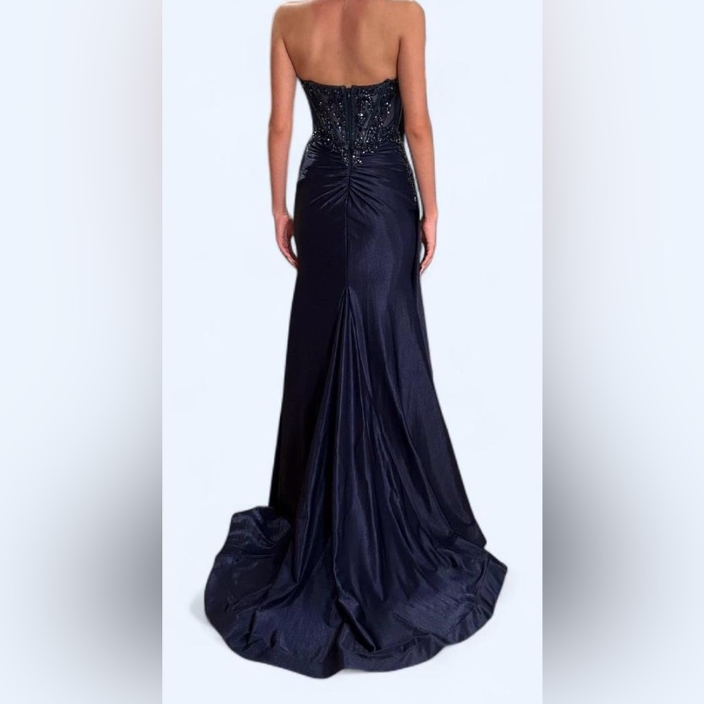 Ladivine Cinderella size 6 Navy strapless sequins mesh corset prom dress CM369 - Picture 5 of 15